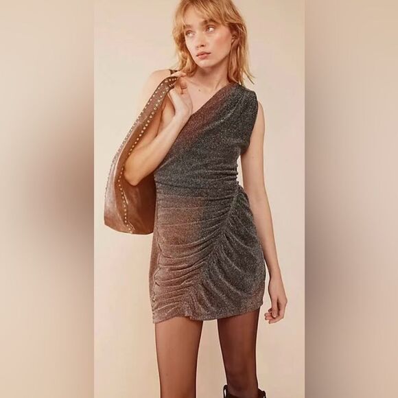 Nwt Free People Malia Shimmery Silver Black One Shoulder Mini Dress - Picture 1 of 6
